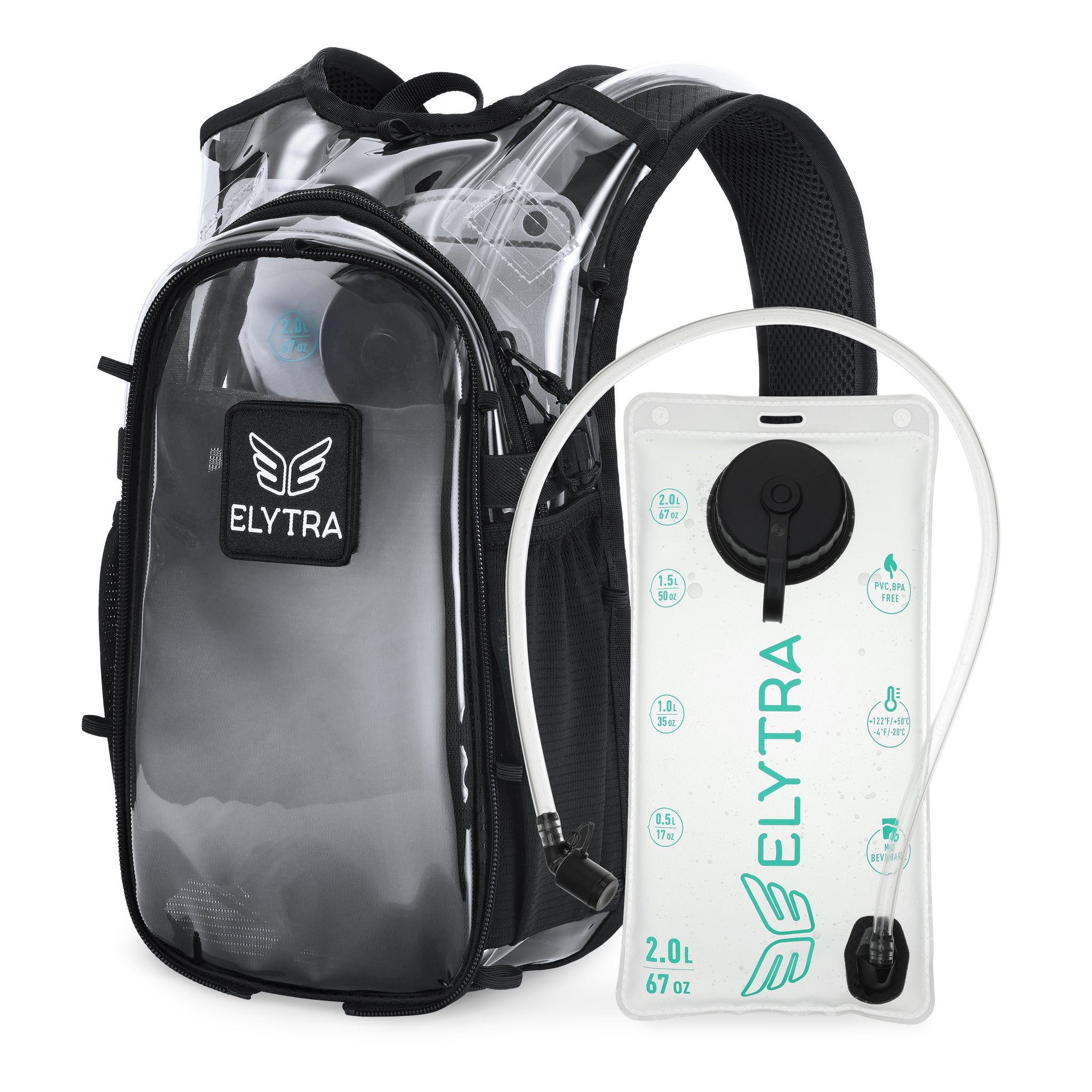 Elytra Air Hydration Pack - 2L Water Backpack with Magnetic Hose Clip (Clear)