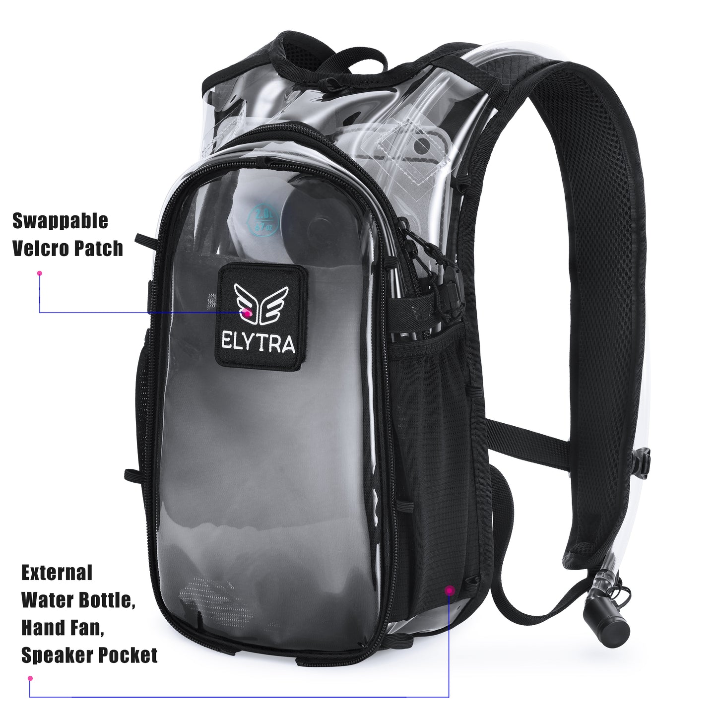 Elytra Air Hydration Pack - 2L Water Backpack with Magnetic Hose Clip (Clear)