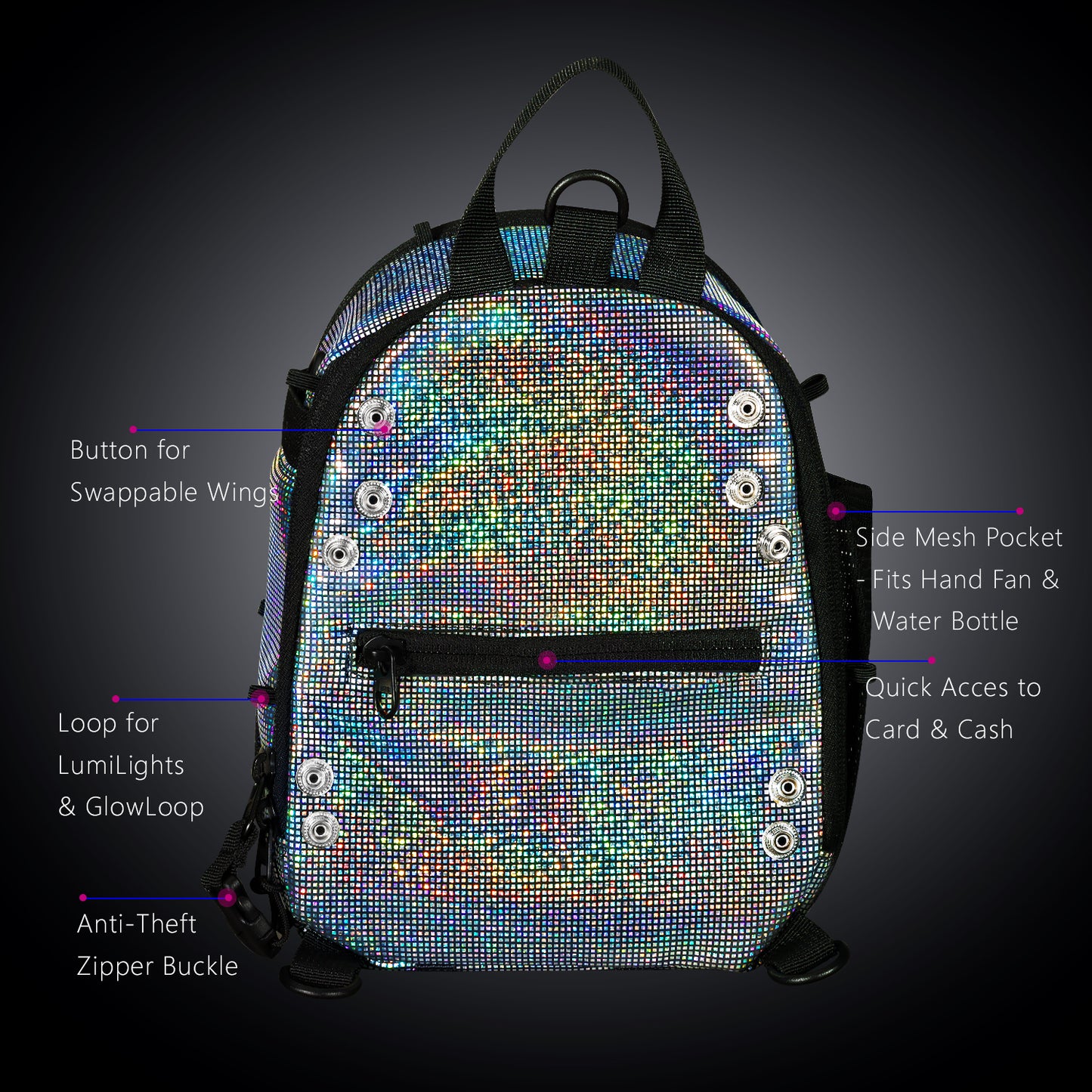 FLOWt Magic Backpack – Interchangeable Wing Mini Backpack for Theme Park Outfits (Disco)